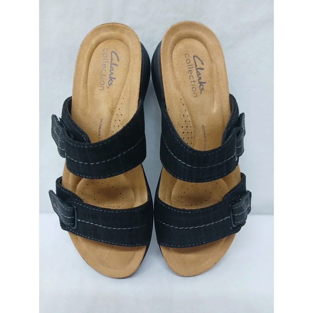 Clarks Women's April‎ Dusk Black Leather Adjustable Sandals 26172318 Sz 7